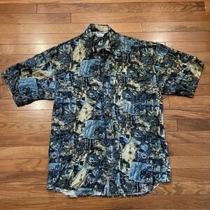 Top Team U.S.A. Vintage Abstract Silk Button Front Shirt Men's Large 100% Silk
